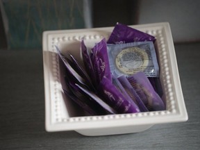 A bowl of condoms sit on a table in an examination room at Whole Woman's Health of South Bend on June 19, 2019 in South Bend, Indiana.