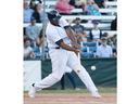 Cleveland Brownlee of the London Majors makes contact during their game against the Brantford Red Sox at Labatt Park in London on Sunday August 28, 2022. Derek Ruttan/The London Free Press/Postmedia Network