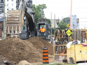 Infrastructure work continues on King Street between Waterloo Street and Colborne Street in London on Thursday August 4, 2022. (Derek Ruttan/The London Free Press)