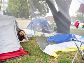 Dan Oudshoorn says he has lost nine pounds since he began a hunger strike in a tent beside London city hall on Tuesday to back a coalition's demands for changes to the city's response to homelessness. Photograph taken on Thursday, Aug. 4, 2022. (Derek Ruttan/The London Free Press)
