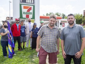 Western University professor David Heap, left, and London and District Labour Council vice-president Jeff Robinson, right, along with other Londoners including MPP Terence Kernaghan are opposed to the idea of the 7-Eleven store at Western and Sarnia roads selling alcohol. Photo shot on Tuesday, Aug. 16, 2022. Derek Ruttan/The London Free Press