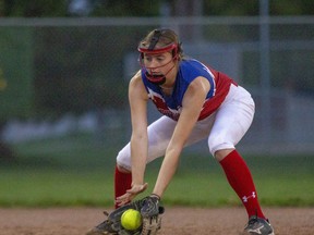 Sienna Gregory of the London Lightning U17 Blue fast pitch team fields a ground ball during practice at Stronach Park in London on Wednesday August 17, 2022. Derek Ruttan/The London Free Press/Postmedia Network