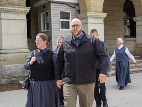 Herbert Hildebrandt leaves court after being found guilty of assaulting an 82-year-old man. Photo shot in St. Thomas on Monday August 22, 2022. (Derek Ruttan/The London Free Press)
