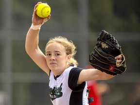 Ava Glaab of the Tavistock Athletics fires one toward home plate as she warms up for their game against the Ancaster Angels on the final day of the U17 Grand Valley championship tournament hosted by the London Lightning at Stronach field on Sunday August 14, 2022. Mike Hensen/The London Free Press