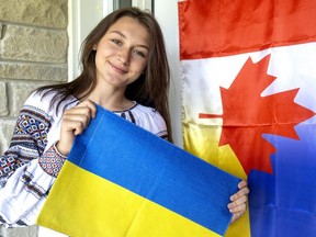 Iryna Nazar, 18, a Ukrainian refugee, is celebrating Ukrainian Independence Day here,, 7,700 kilometres from home. Nazar, a university student, is living in Strathroy at the home of Jody Brouwer. Photograph taken on Tuesday August 23, 2022.  (Mike Hensen/The London Free Press)