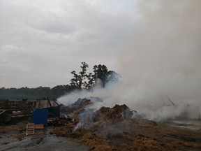 A late-night fire at a farm in Newbury caused an estimated $2 million in damage on Saturday Aug. 20, 2022. (Southwest Middlesex Fire Twitter photo)