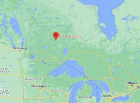 Google Maps: Das rote Symbol kennzeichnet den Standort der Old Post Lodge im Nordwesten von Ontario, nahe der Grenze zu Manitoba.
