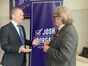 Mayoral candidate Josh Morgan and Mayor Ed Holder chat at a campaign event on Friday, August 5, 2022 at Museum London. Holder endorsed Morgan’s bid for mayor. (MEGAN STACEY/The London Free Press)