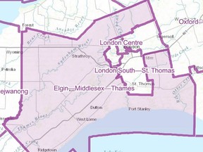 The proposed Elgin-Middlesex-Thames riding would not only take the three communities, but also much of Middlesex and Elgin counties, excluding St. Thomas. The new riding would almost surround London, while taking in the eastern half of Lambton County and part of Chatham-Kent. (Handout)