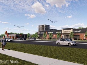 City staff and York Developments will hold more talks about the company's application to build a one-storey commercial development, 72 townhomes and a standalone McDonald's at the southeast corner of Hyde Park and South Carriage roads, shown in an artist's rendering.