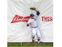 London Majors left-fielder Byron Reichstein crashes into the wall while trying to catch a ball hit by Jordan Castaldo of the Toronto Maple Leafs in the first inning at Labatt Park in London on Sept. 16, 2022. Derek Ruttan/The London Free Press/Postmedia Network
