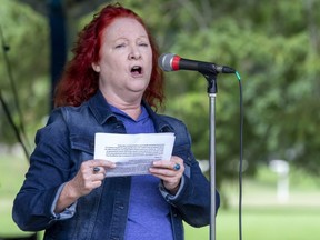 Patti Dalton, president of the London and District Labour Council, welcomes people to the annual Labour Day picnic at Springbank Park in London on Monday, Sept. 5, 2022. (Derek Ruttan/The London Free Press)