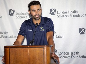 Calgary Flames forward Nazem Kadri, a London native, speaks during a press conference to announce his gift or $1 million to the London Health Sciences Foundation on Thursday September 8, 2022. The money will support the Ambulatory Surgical Centre, which will be named the Nazem Kadri Surgical Centre.  (Derek Ruttan/The London Free Press)