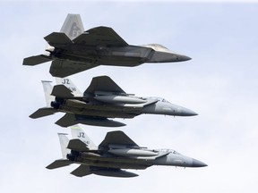 A USAF F22-Raptor flies in formation with a pair of USANG F15C Eagles at Airshow London Skydrive 2022 in London, Ont. on Saturday September 10, 2022. Derek Ruttan/The London Free Press/Postmedia Network