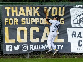 Austin Wilkie of the London Majors makes a catch against the centre field wall during the first inning of Game One of their IBL championship series with the Toronto Maple Leafs at Labatt Park in London on Tuesday September 13, 2022. Derek Ruttan/The London Free Press