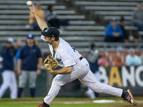 London Majors pitcher Owen Boon during the first inning of the first game of their IBL championship series with the Toronto Maple Leafs at Labatt Park in London, Ont. on Tuesday September 13, 2022. Derek Ruttan/The London Free Press/Postmedia Network