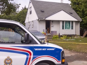 London police were outside a home at 351 Flanders Row, following an early Wednesday shooting that sent one man to hospital. Photo taken on Sept. 14, 2022. (Mike Hensen/The London Free Press)