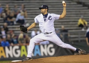 London Majors' Fernando Fernandez throws in the first inning of Game 5 of the Intercounty Baseball League Final at Labatt Park.Picture taken Tuesday September 20, 2022. Mike Hensen/The London Free Press