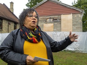 Christina Lord is a member of the London Black History Coordinating Committee and is also on the board of Fanshawe Pioneer Village. She was on hand to announce a $50,000 donation from Ironstone Building Company that will help move the Fugitive Slave Chapel to a new, permanent home at the pioneer village. Photo taken on Wednesday Sept. 28, 2022. (Mike Hensen/The London Free Press)