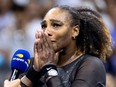 Serena Williams gets emotional in a post match interview after losing against Australia's Ajla Tomljanovic during their 2022 U.S. Open tennis tournament in New York on September 2, 2022.