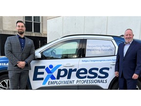 James Norris (left) and Mike Elliott, owners of Express Employment, serve London region including Tillsonburg, Stratford, Strathroy and Woodstock. Supplied