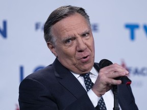 CAQ Leader Francois Legault responds to questions following the leaders' debate in Montreal, on Thursday, Sept. 15, 2022.
