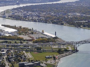 This file photo shows an aerial view of the Blue Water Bridge, near Sarnia, and the St. Clair River that runs between Ontario and Michigan.