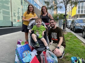 Owen Wallis, 6, of Sarnia is recovering in Toronto from a four-organ transplant, the same one his father, Darryl Wallis, had years ago. Also celebrating his recent birthday in this photo are his mother Jamie Wallis and sister Olivia, 12.