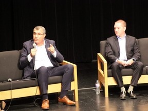 Mayoral candidates Khalil Ramal and Josh Morgan face off during a debate at Wolf Performance Hall, along with four other mayoral candidates, on Wednesday, Oct. 12, 2022. (MEGAN STACEY/The London Free Press)