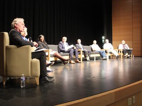 Graham Henderson, the chief executive of the London Chamber of Commerce, poses a question to mayoral candidates who participated in a panel on Wednesday, Oct. 12, 2022, at Wolf Performance Hall. (MEGAN STACEY/The London Free Press)