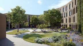 An artist’s drawing of a courtyard planned for Eve Park.