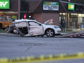 Four people were taken to hospital after a multi-vehicle crash at the intersection of Highbury Avenue and Hamilton Road in London at about 12:30 a.m. on Wednesday Oct. 12, 2022. (Megan Stacey/The London Free Press)