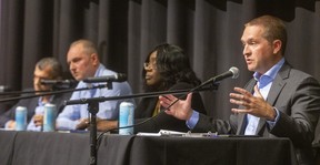 Josh Morgan speaks at a mayoral debate in London at King's University College, Western University, on Wednesday, October 19, 2022.  He was joined by fellow candidates from left, Khalil Ramal, Sean O'Connell and Sandie Thomas.  (Mike Hensen/The London Free Press)