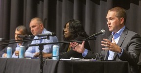 Josh Morgan speaks at a mayoral debate in London at King's University College, Western University, on Wednesday, October 19, 2022. He was joined by fellow candidates from left, Khalil Ramal, Sean O'Connell and Sandie Thomas. (Mike Hensen/The London Free Press)