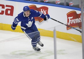 Toronto Maple Leafs forward Mitch Marner celebrates a goal against the Winnipeg Jets.  Jack Boland/Toronto Sun