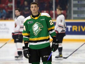 Logan Mailloux of the London Knights takes in the national anthem ahead of his first Ontario Hockey League game in the 2022-23 season when the Owen Sound Attack hosted the London Knights at the Harry Lumley Bayshore Community Centre on Wednesday, Oct. 19, 2022. The Attack won 7-2. Greg Cowan/The Sun Times