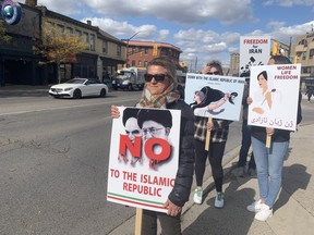 Faranak Aeeni calls for freedom in Iran at a Victoria Park rally on Saturday Oct. 15, 2022. The demonstration was held alongside one by London's Ukrainian community calling for more international support to end Russia's war in the country. (Jennifer Bieman/The London Free Press)
