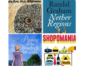 Books by London-area authors (clockwise from top left): We Are All HOOmans; Nether Regions; Shopomania; and Promise of the Bluebell Woods.