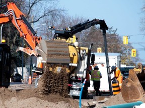 Reconstruction work on Huron Street in Stratford continued on Friday. (Chris Montanini/Stratford Beacon Herald)