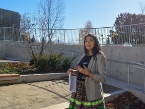 Paula Cornelius-Hedgepeth, community relations and space co-ordinator with Western University's office of Indigenous initiatives, talks about the outdoor classroom at the new Indigenous learning space unveiled on campus on Monday, Nov. 7, 2022. (Calvi Leon/The London Free Press)