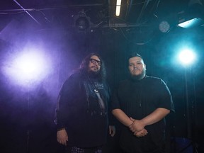 Tim (2oolman) Hill, left, and Ehren (Bear Witness) Thomas make up the duo behind The Halluci Nation, formerly known as A Tribe Called Red. The pair is one of the opening headliners for an Indigenous festival at Western Fair Nov. 18-20. (Photo by Rémi Thériault)
