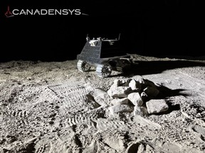 This illustration by Canadensys Aerospace Corp. shows a small rover on a lunar landscape. (Canadensys Aerospace Corporation, 2022)