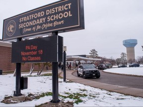 Stratford police responded to “a possible weapons” call at Stratford District secondary school on Monday, following up on reports of online threats allegedly made by a male student over the weekend. (Chris Montanini/Postmedia Network)