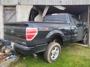 One person suffered minor injuries when a truck crashed into a barn in Malahide Township on Friday.  Elgin OPP say the driver suffered a medical emergency. (OPP photo)
