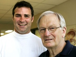 Eric Lindros and Peter Fowler catch up at the Fowler Kennedy Sport Medicine Clinic at Western University on June 5, 2005. Lindros, a London native, was treated at the clinic for various injuries during his NHL career and formed a bond with Fowler. London Free Press file photo