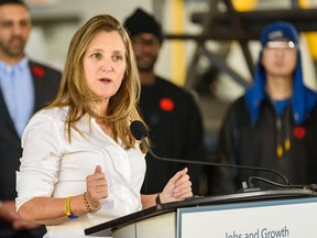 Deputy Prime Minister and Minister of Finance Chrystina Freeland speaks at a event in Calgary on November 9, 2022.