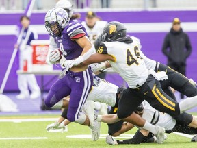 Four Waterloo Warriors take down Western Mustangs running back Edouard Wanadi in an OUA game at Western Alumni Stadium in London on Sept. 24, 2022. The Mustangs won 66-3. (Derek Ruttan/The London Free Press)