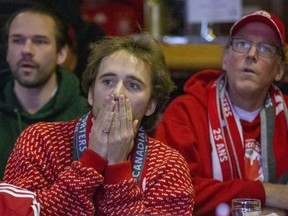 Peter Van Bussel watches the Canada-Belgium World Cup game at the German Canadian Club in London on Wednesday, Nov. 23, 2022. (Derek Ruttan/The London Free Press)