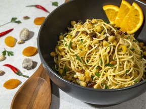 Pairing dried fruit, orange, nuts and chickpeas with pasta may sound odd, but it's a delicious combination, Jill Wilcox says. 
(Mike Hensen/The London Free Press)