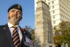 Randy Warden, chairperson of the Royal Canadian Legion's Remembrance Day Committee in London, stands near the Cenotaph at Wellington Street and Dufferin Avenue in London on Thursday, Nov. 3, 2022, as he and other organizers get ready for the return of restrictions-free Remembrance ceremonies.  (Mike Hensen/The London Free Press)